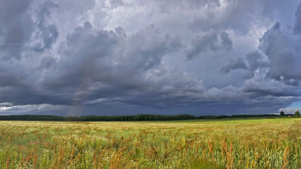 Wide Field Landscape with Dark Storm Clouds and Faint Rainbow