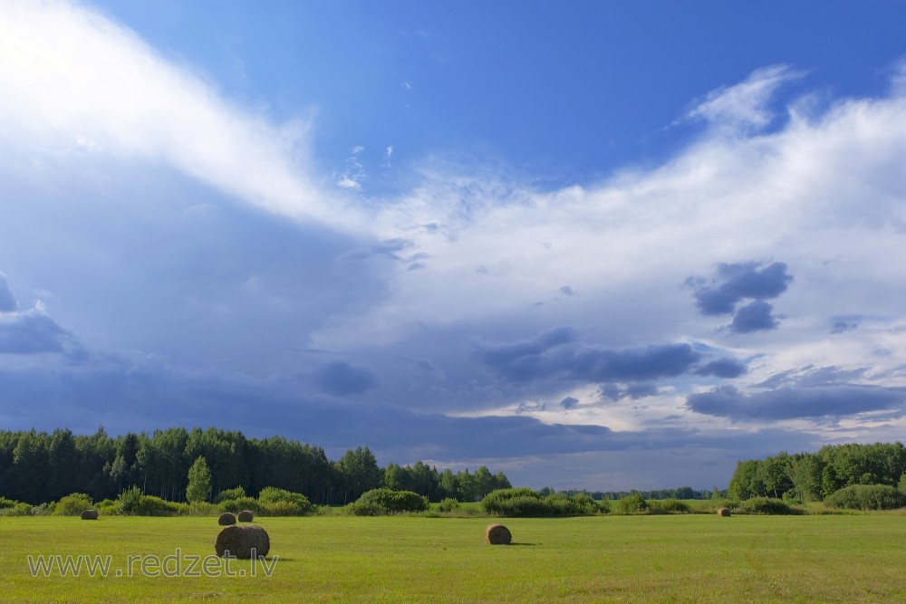 Lauku ainava ar siena ruļļiem