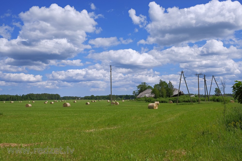 Lauku ainava ar siena ruļļiem un mākoņainām debesīm