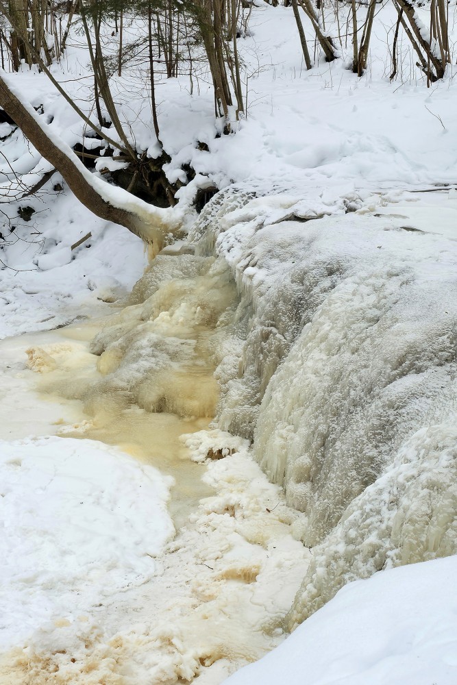 Ziemas skats uz Īvandes rumbu ar aizsalušu ūdens tecējumu