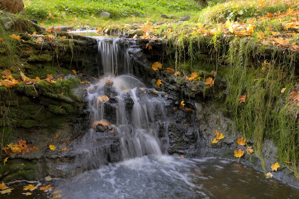 Rumbiņa Waterfall in Autumn with Fallen Leaves and Mossy Rocks