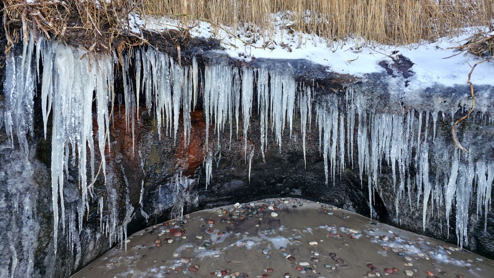 Winter icicles on the Staldzene seaside cliff with snow and pebbles