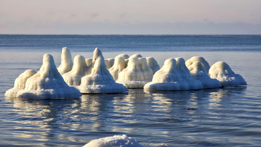 Ledū klāti steķi Staldzenes jūrmalā ar atspulgiem mierīgā jūrā