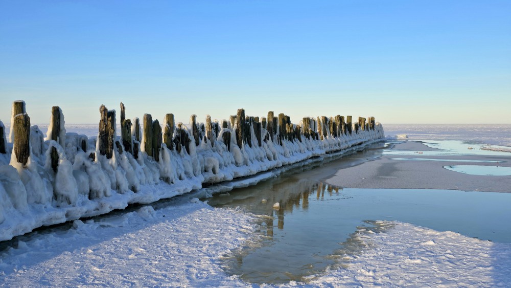Icy wooden groynes at Bigauņciems Beach in winter