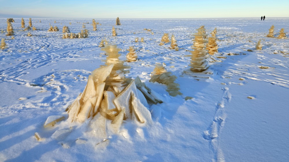 Close-up of stacked ice plates on the Bigauņciems coast