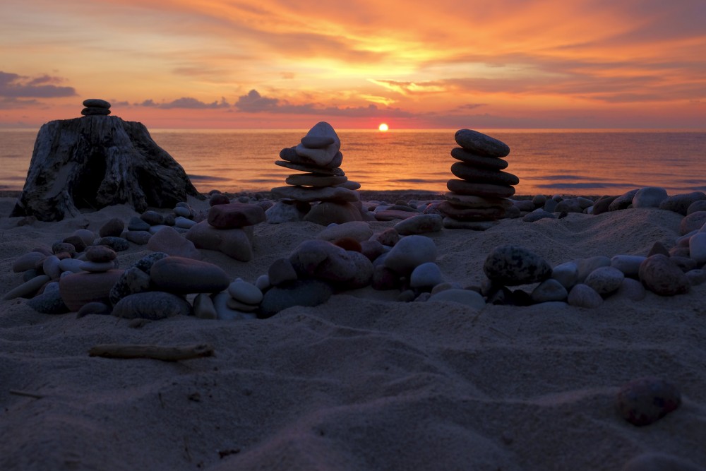 Stacks of Rocks at Sunset on the Seashore