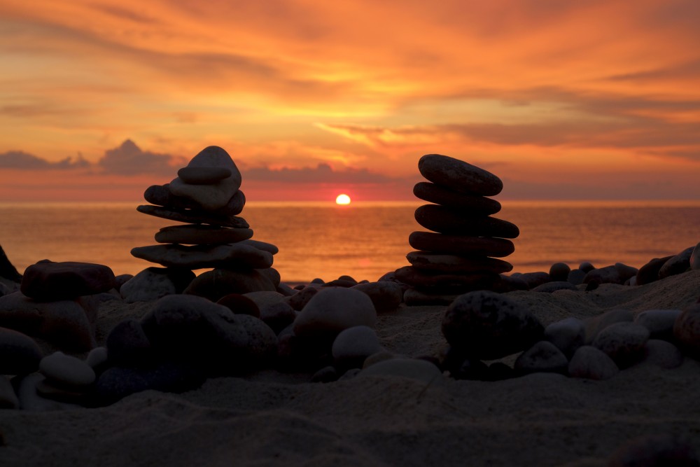 Stacks of Rocks at Sunset on the Seashore