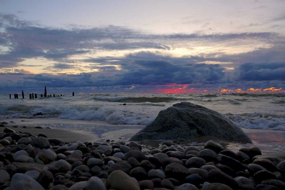 Sunset Landscape with Stone on the Beach