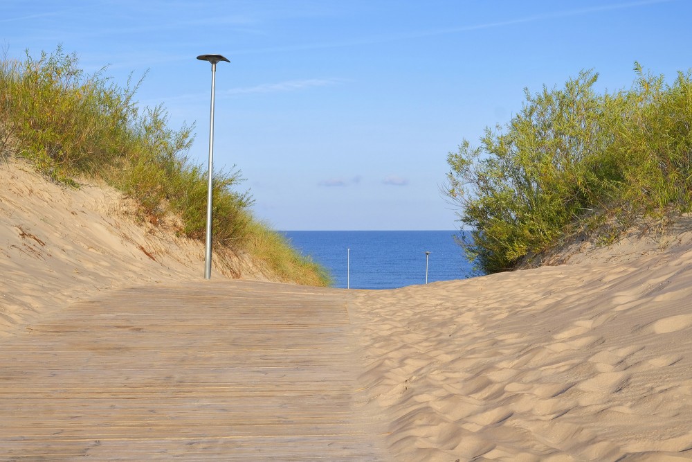 Koka celiņš caur smilšu kāpām uz Ventspils pludmali