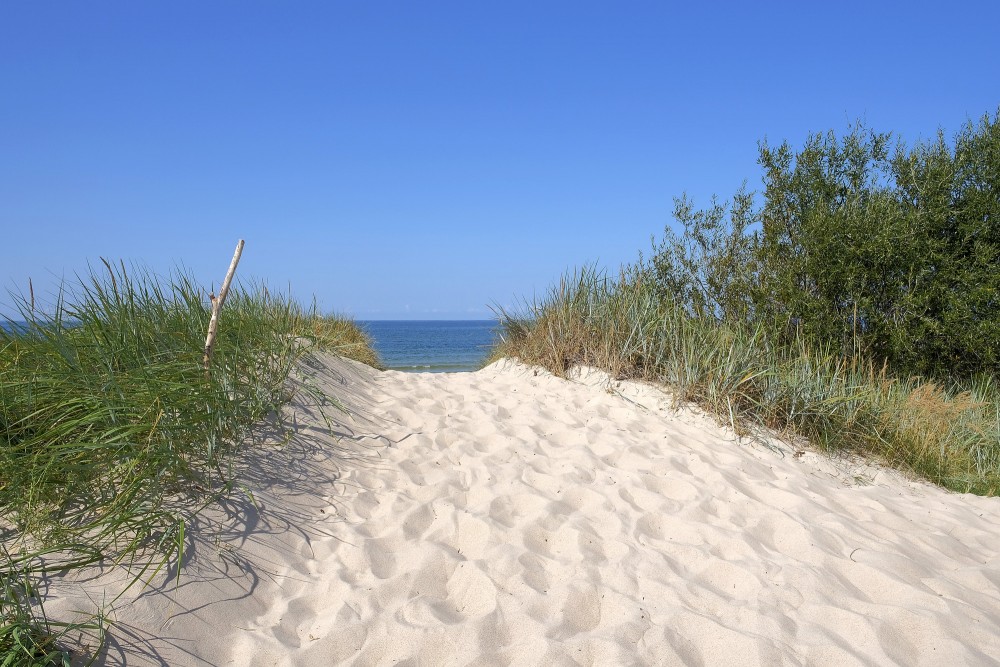Smilšaina taka caur kāpām ar skatu uz jūru