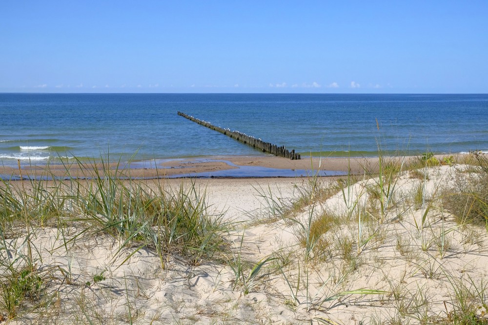 Smilšu kāpas un koka mols pie mierīgas jūras