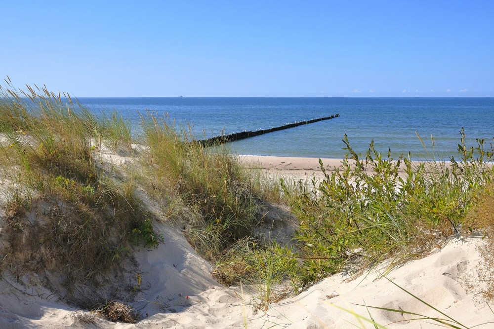 Plašas smilšu kāpas ar zālājiem un molu jūrā