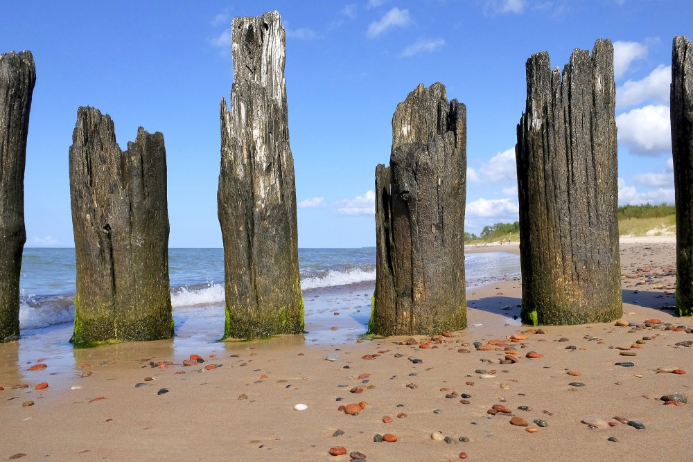 Veci koka pāļi pie jūras ar viļņiem un oļiem