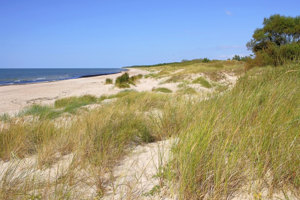 Plaša smilšu pludmale Jūrmalciemā ar kāpām un zaļu veģetāciju