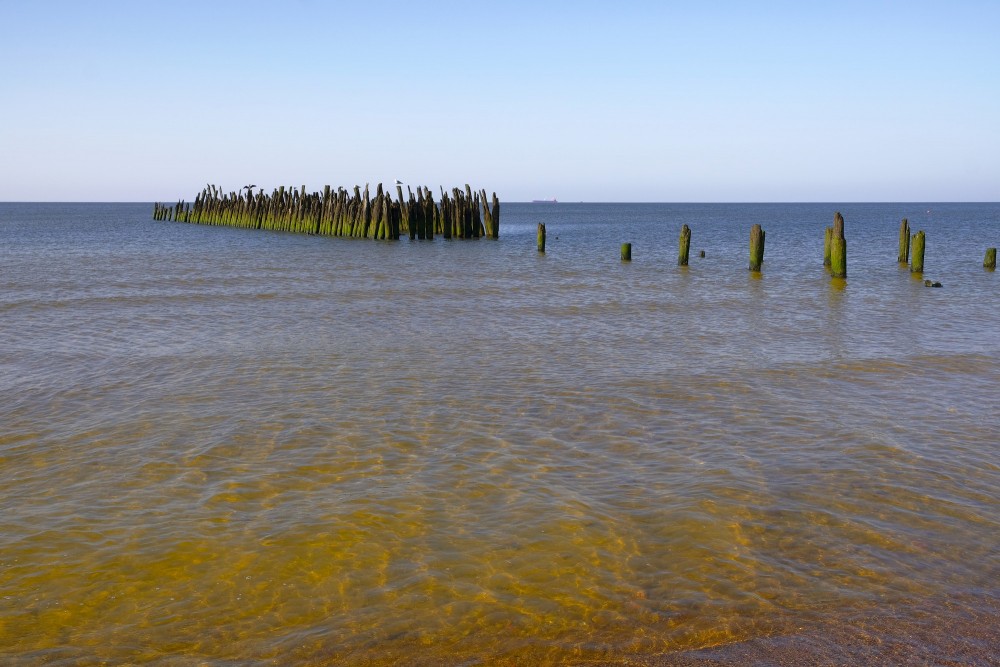 Veca koka mola atliekas jūrā pie Sventājas pludmales Veca koka mola atliekas jūrā pie Sventājas pludmales