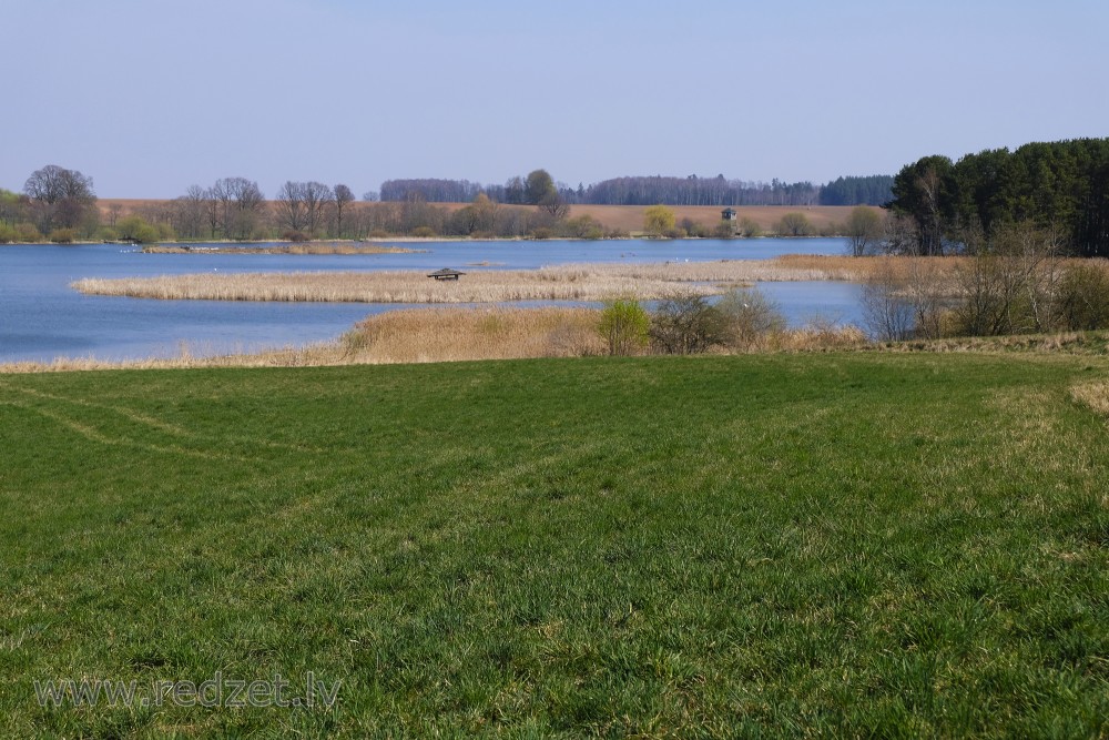 View of Tērvete Reservoir (Swans Pond), Swans House and Bird Watching Tower