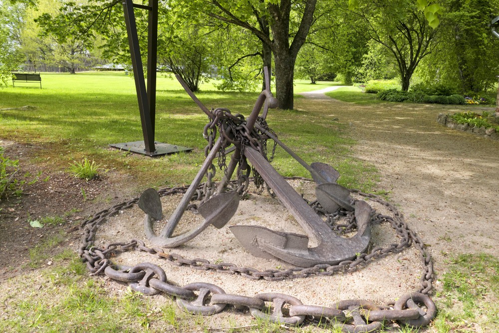 Ancient anchors and massive chains in the Daugava Museum park on Dole Island