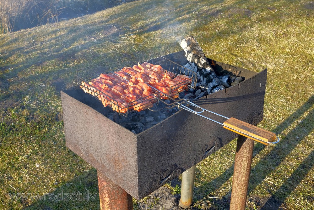 Šašliku cepšana dārzā