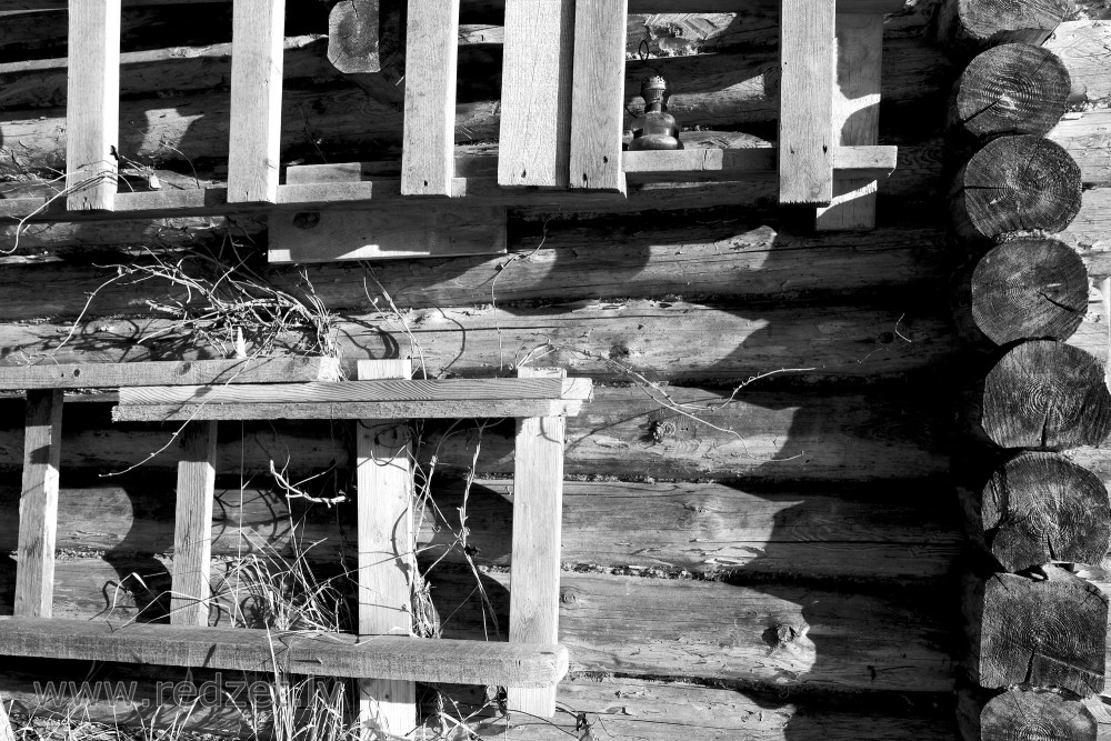 Fragment of a Log House (black and white photo)