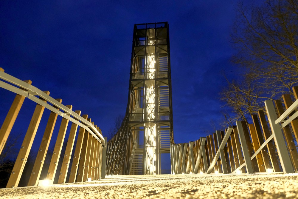 The Kuldīga observation tower is illuminated