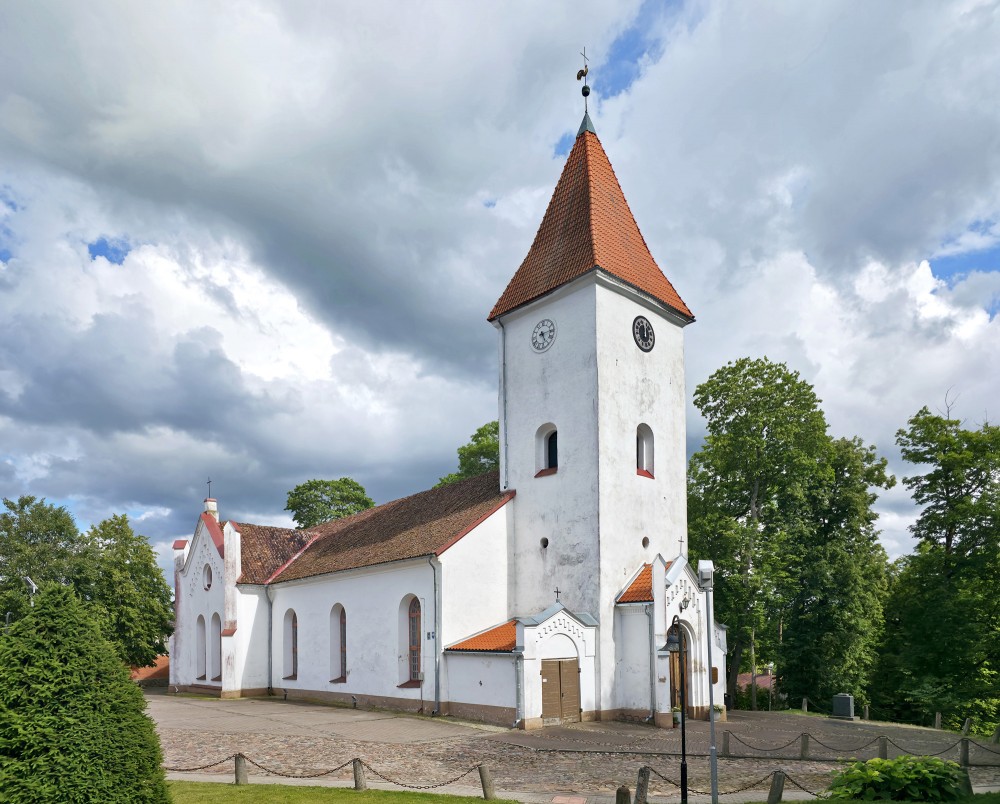 Talsi Evangelical Lutheran Church and bell tower with a red pointed roof