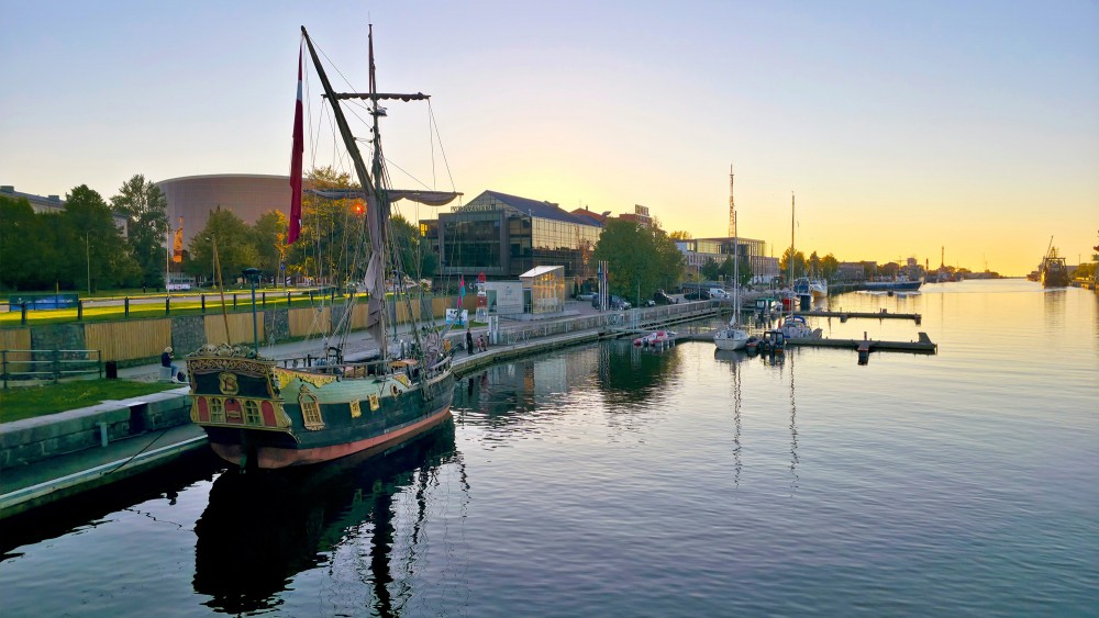 Sailing Ship Libava and Trade Canal Pier View at Sunset