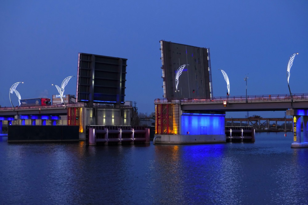 Ventspils drawbridge in raised position