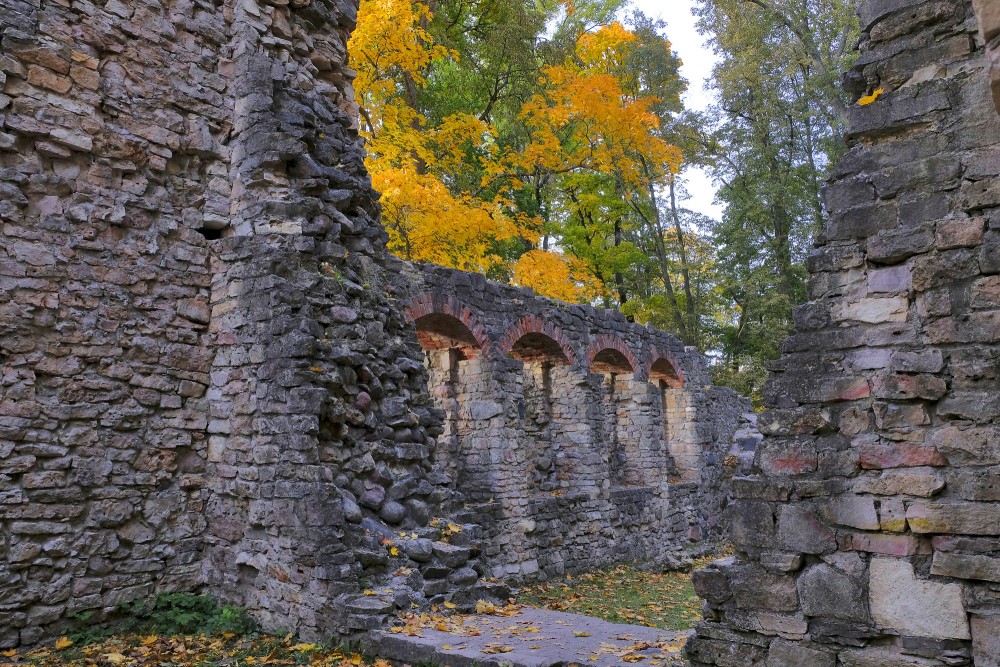 Arched wall of Lielvārde medieval castle ruins in autumn