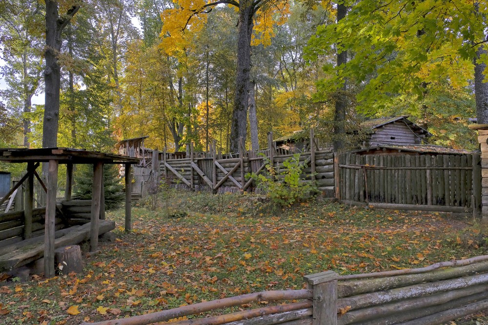 Rekonstruēta senlatviešu koka pils rudens mežā