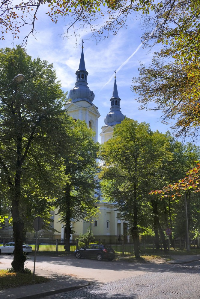 St. Albert Roman Catholic Church towers framed by trees in an urban setting