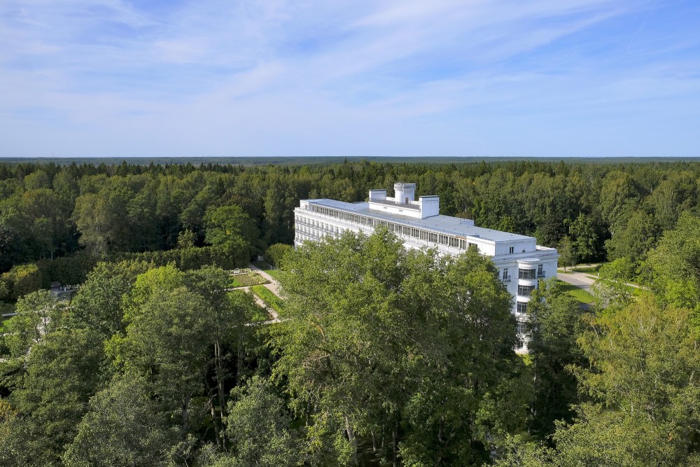 Aerial view of Ķemeri Hotel surrounded by forest