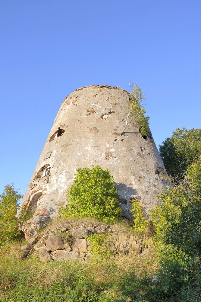 Close-up from below of the historic Minde windmill ruins