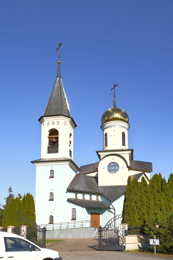Palanga Orthodox Church towers with a golden dome and crosses