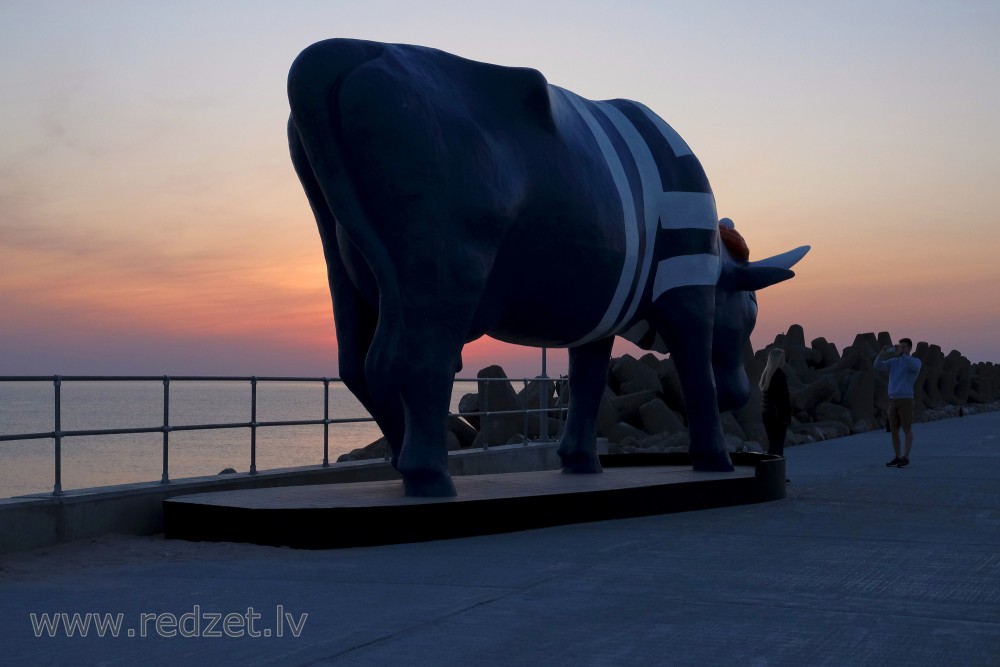 Sculpture "Cow Seaman" in Night, Ventspils