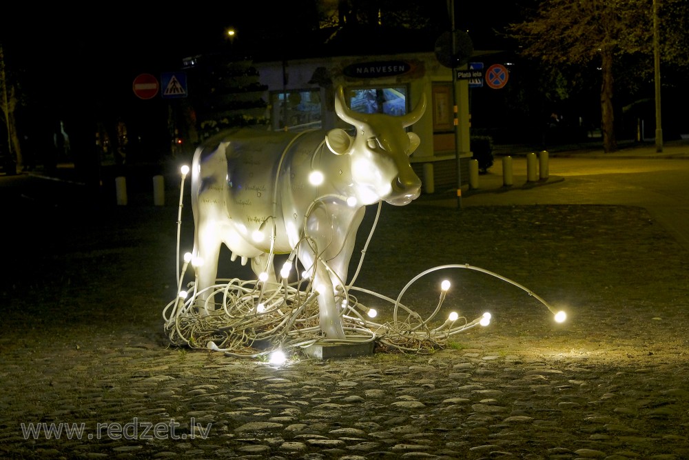 Cow of Light in Night, Ventspils, Latvia