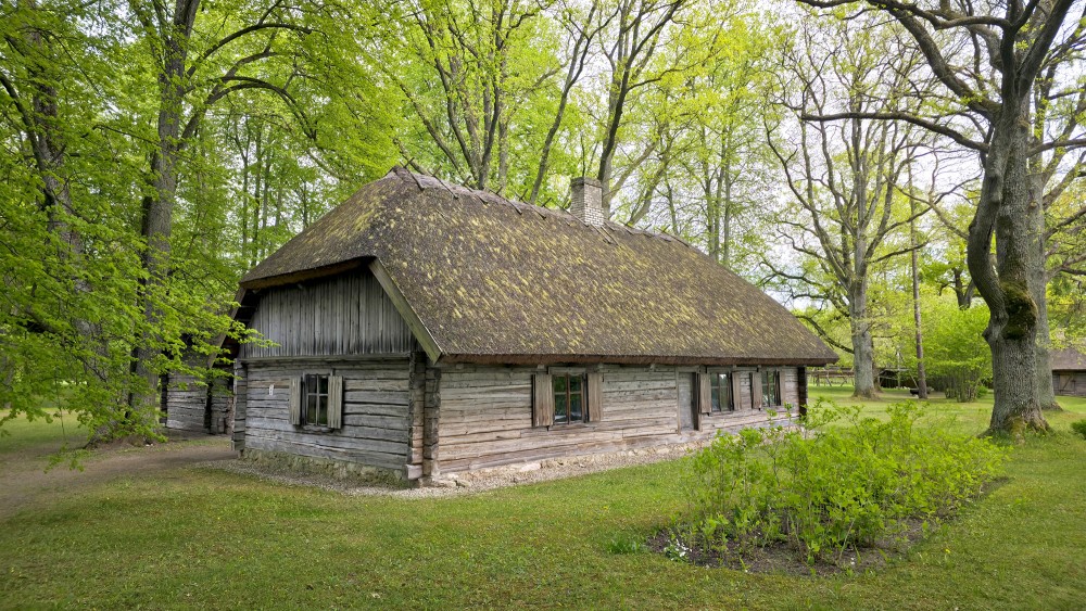 Traditional log residential house with a thatched roof at the Daugava Museum