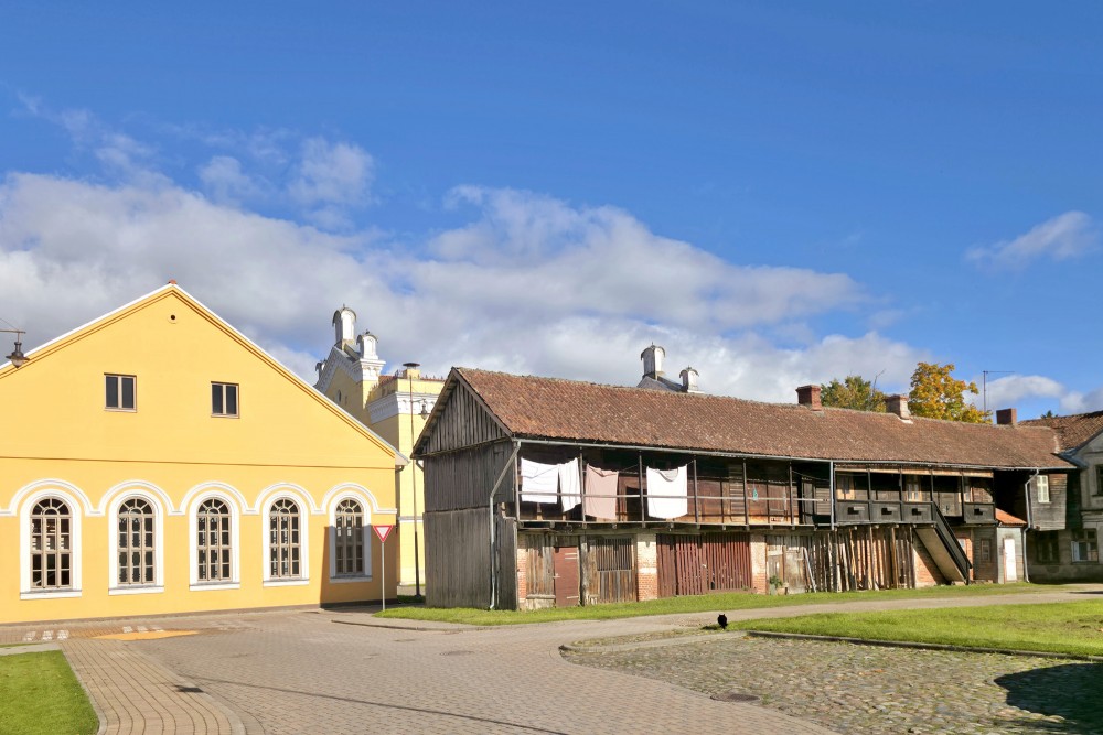 Kuldīga Main Library and historic wooden buildings
