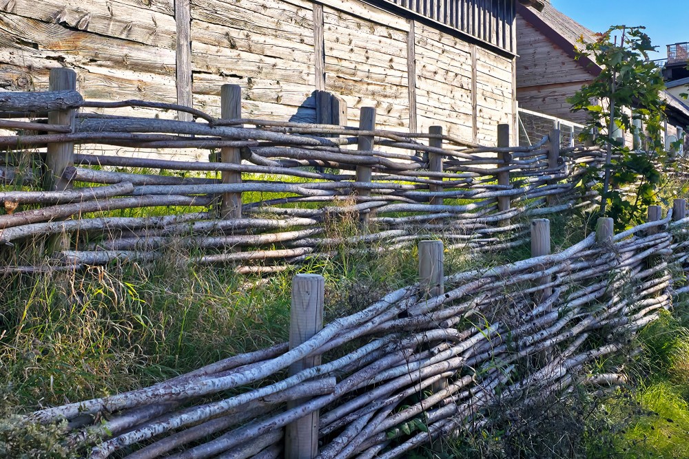 Traditional woven branch fence near a wooden building in Pavilosta
