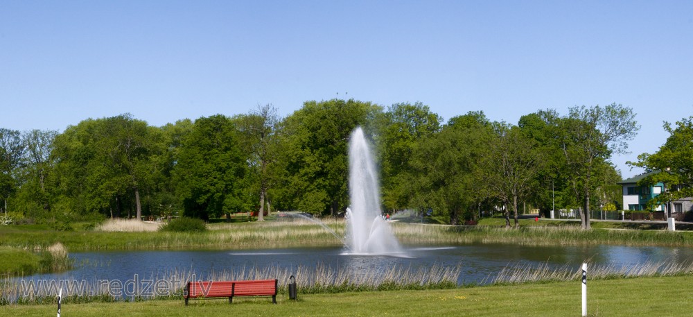 Fountain in Reņķa Garden Pond, Ventspils, Latvia