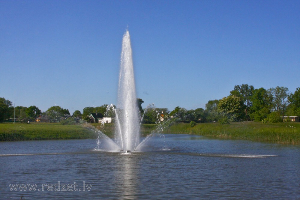 Fountain in Reņķa Garden Pond, Ventspils, Latvia