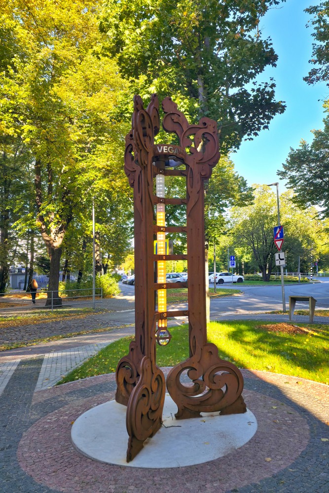 Art Nouveau design outdoor thermometer in Liepaja park in autumn