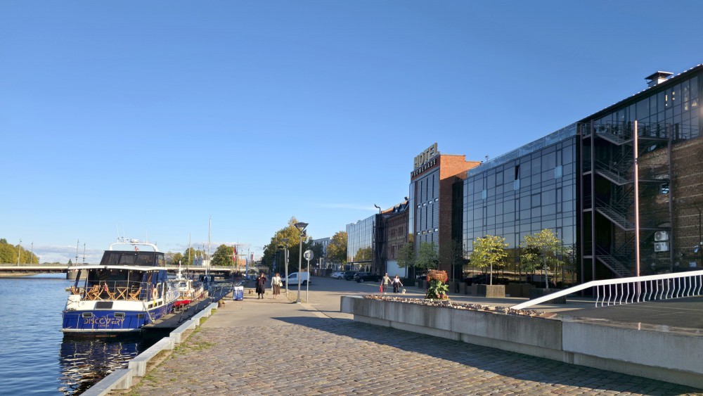 View of Promenade Hotel building and Liepaja canal waterfront