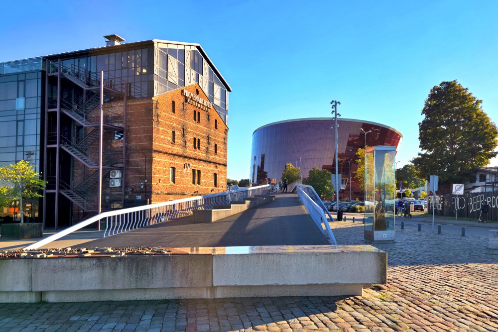 Liepaja concert hall Great Amber and pedestrian bridge by the canal