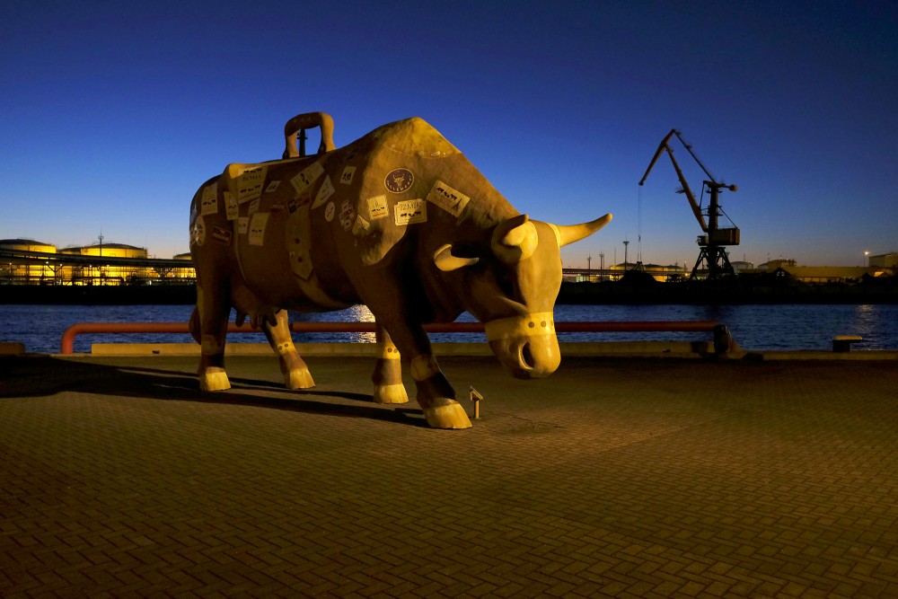 Sculpture "Travelling Cow" at Night