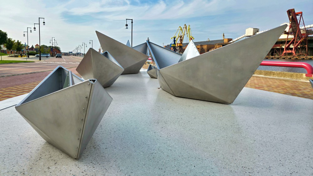 Steel boat sculptures in the Teodors Spāde environmental object in Ventspils