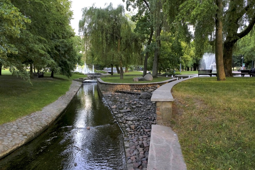 Park canal and fountain cascade in Marijampole Poetry Park