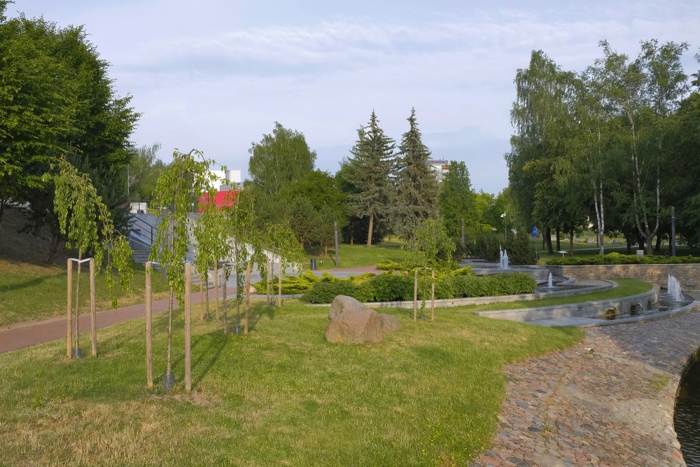 Landscape with decorative greenery and fountains in Marijampole Poetry Park
