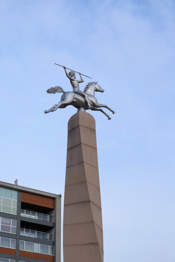 Close-up of the rider sculpture atop the Monument to Nation and Language in Marijampole