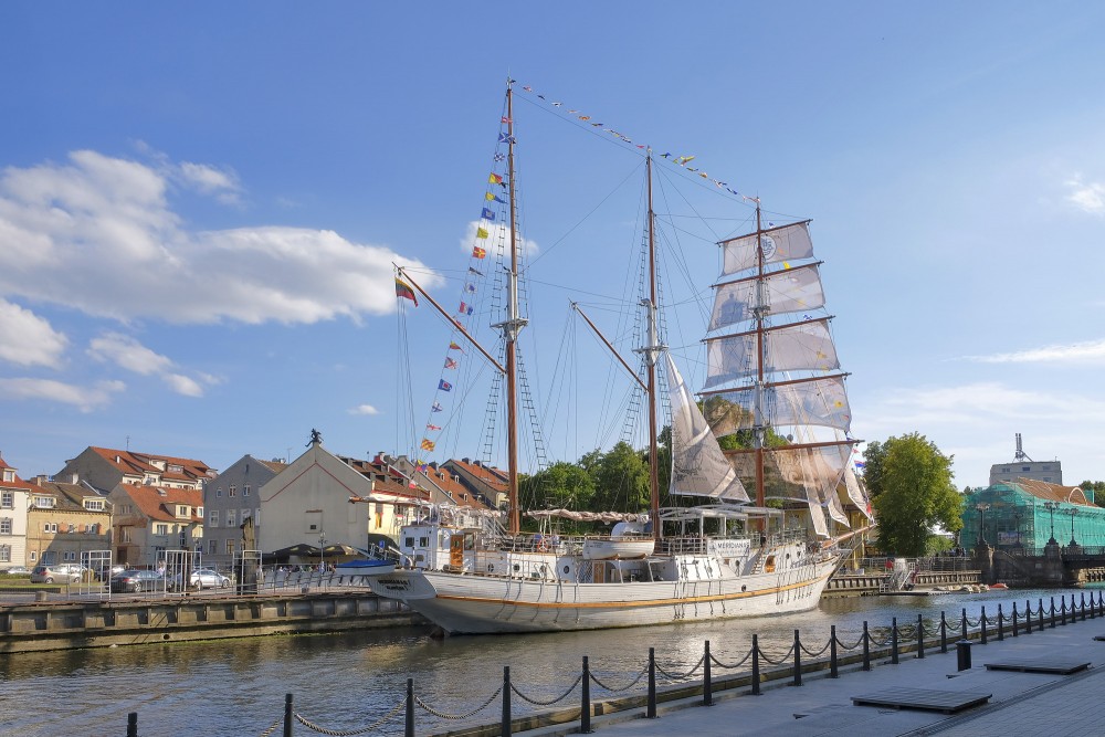 Sailing ship Meridianas docked at the Dane river promenade
