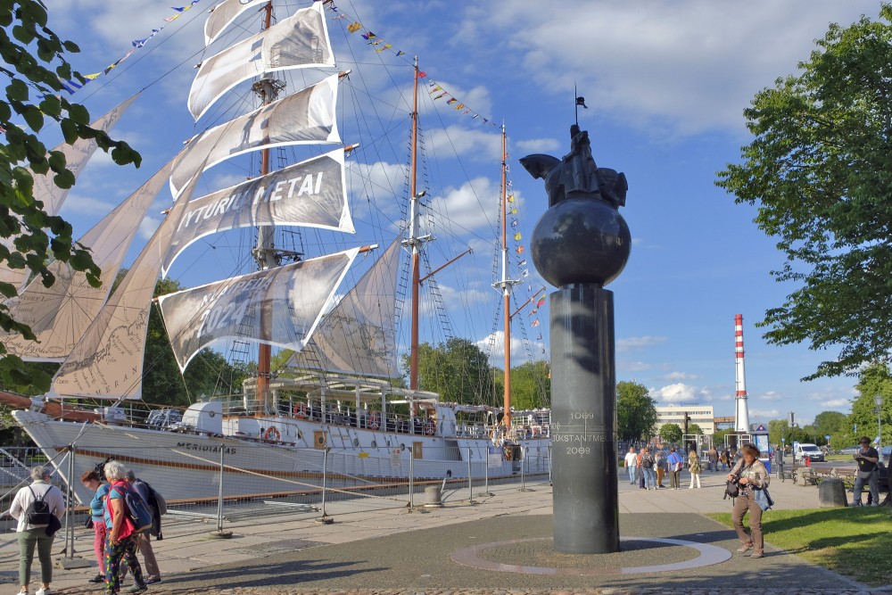 Lithuania Millennium monument and sailing ship Meridianas in Klaipeda